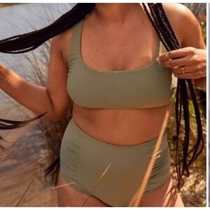Aerie Women's Wide Strap Scoop Bikini Top And High Waisted Rouched  Olive Size L